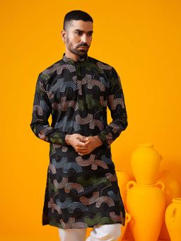 SOJANYA - (Since 1958) Men's Cotton Silk Multi Thread Embroidered Black Kurta