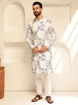 SOJANYA - (Since 1958) Men's Cotton Silk White Kurta With Floral Embroidery