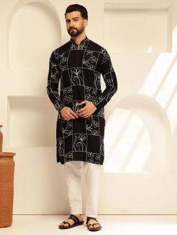 SOJANYA - (Since 1958) Men's Cotton Silk Black Kurta With Floral Embroidery