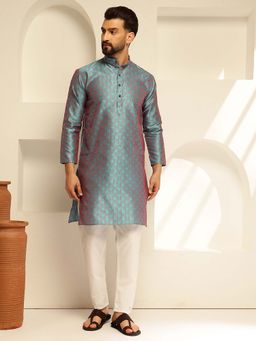 SOJANYA - (Since 1958) Men's Jacquard Silk Contrast Red Thread Woven Design Blue Kurta