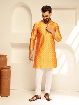 SOJANYA - (Since 1958) Men's Jacquard Silk Contrast Red Thread Woven Design Yellow Kurta