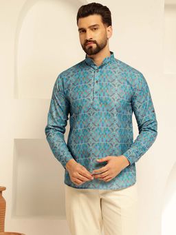 SOJANYA - (Since 1958) Men's Cotton Linen Geometric Printed Peacock Blue Only Short Kurta