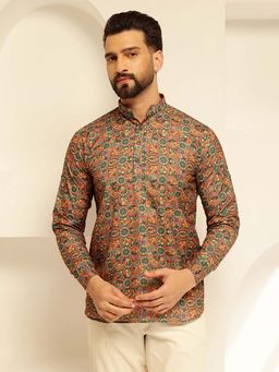 SOJANYA - (Since 1958) Men's Cotton Linen Kalamkari Printed Multi And Green Only Short Kurta