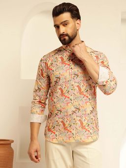SOJANYA - (Since 1958) Men's Cotton Linen Kalamkari Printed Multi And Beige Only Short Kurta