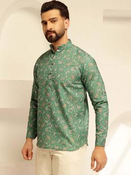 SOJANYA - (Since 1958) Men's Cotton Blend Printed Green Only Short Kurta