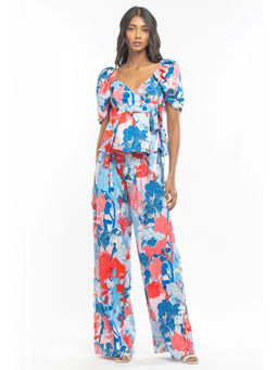 MANDIRA WIRK - Cotton Poplin Printed Wrap Top With Printed Pants Blue & Pink (Set of 2)