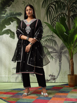 Bani Women - Plus Size Black V-Neck Embroidered Kurta with Pant and Dupatta (Set of 3)