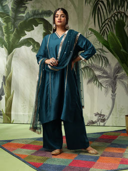 Bani Women - Teal Plus Size V-Neck Embroidered Kurta with Palazzo and Dupatta (Set of 3)