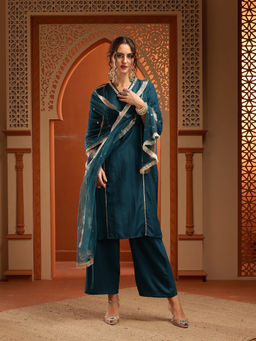 Bani Women - Teal V-Neck Embroidered Straight Kurta with Palazzo and Dupatta (Set of 3)