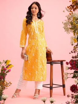 ADA - Hand Embroidered Yellow Cotton Traditional Lucknow Women Chikankari Kurta A411379
