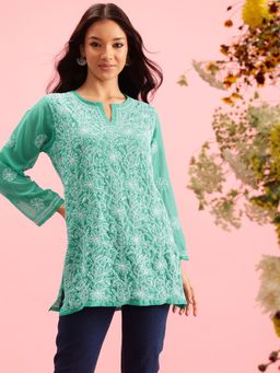 ADA - Hand Embroidered Lucknowi Chikankari Sea Green Georgette Kurti