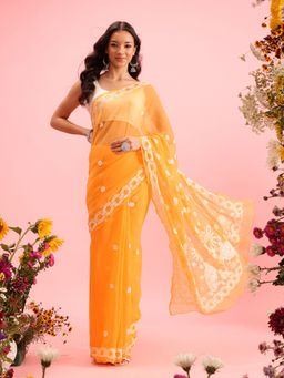 ADA - Embroidered Mustard Georgette Lucknow Chikan Saree With Unstitched Blouse (A130167)