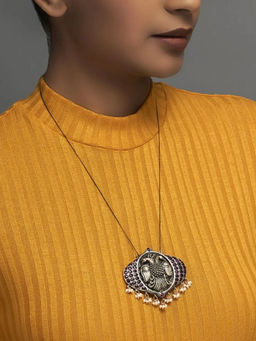 Divas Mantra - 92.5 Silver Oxidised YIELD Peacock Motif Pendant with Red Spinel Stone and Pearls