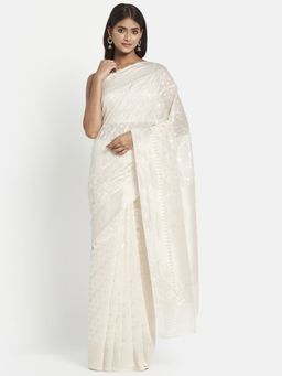 Fabindia - Off White Woven Cotton Silk Saree without Blouse