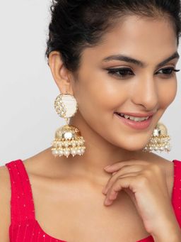 Indya - Gold White Circular Multi Layer Pearl Jhumka Earrings