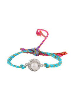 Estele - Rhodium Plated Moonlight Pearl Floral Rakhi with Multi Colored Silk Thread