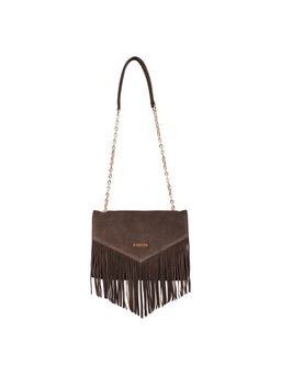 Sassora - Genuine Leather Suede Fringe Sling Bag - Brown