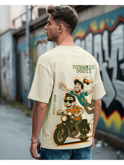 Bewakoof - Heavy Duty 1.0 Men's Beige Dynamic Dosti Graphic Printed Oversized T-shirt