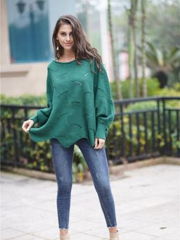Oh Rare - Green Textured Color Pullover Sweater Round Neck Sweater for Women
