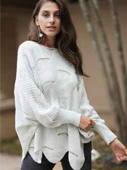 Oh Rare - Off White Textured Color Pullover Sweater Round Neck Sweater for Women