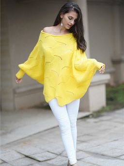 Oh Rare - Yellow Textured Color Pullover Sweater Round Neck Sweater for Women