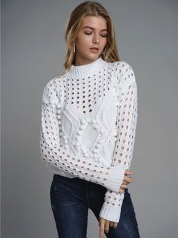 Oh Rare - White Textured Loose Women's Round Neck Pullover Sweater