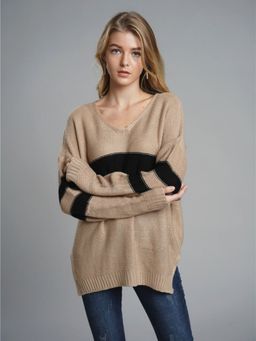 Oh Rare - Beige Pullover Loose Sweater V-Neck Striped Sweater for Women