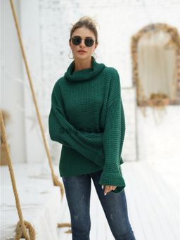 Oh Rare - Green Solid Turtleneck Long-Sleeved Turtleneck Sweaters for Women