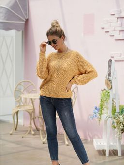 Oh Rare - Mustard Solid Round Neck Pullover Sweater for Women