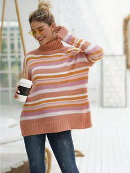 Oh Rare - Peach Women's Rainbow Striped Pullover Turtleneck Sweater