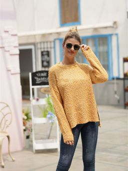 Oh Rare - Mustard Solid Round Neck Knitted Sweater for Women