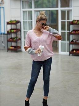Oh Rare - Pink Loose Knitted Round Neck Versatile Sweater for Women