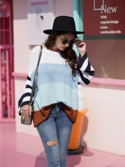 Oh Rare - Blue Intercolor Splicing Sweater Pullover for Women