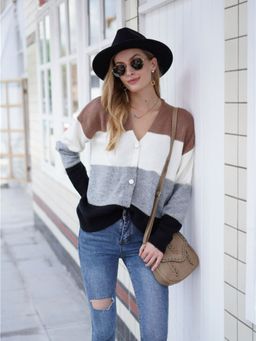 Oh Rare - Black Striped Button V-Neck Warm Loose Outer Cardigan for Women