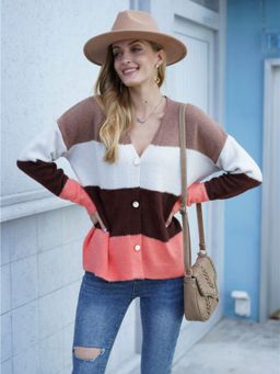 Oh Rare - Coral Striped Button V-Neck Warm Loose Outer Cardigan for Women