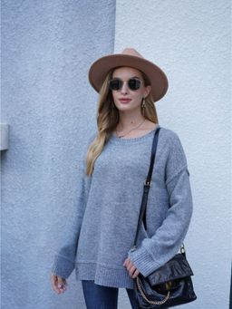Oh Rare - Grey Long-Sleeved Round Neck Side Slit Button Sweater for Women