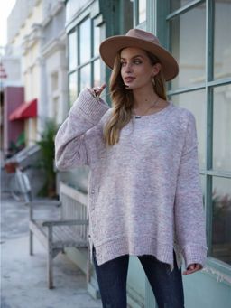 Oh Rare - Pink Long-Sleeved Round Neck Side Slit Button Sweater for Women