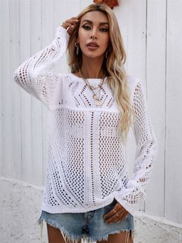 Oh Rare - White Pullover Solid Color Women's Round Neck Hollow Sweater