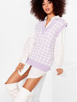 Oh Rare - Lavender Pullover V-Neck Knitted Printed Sweater Vest