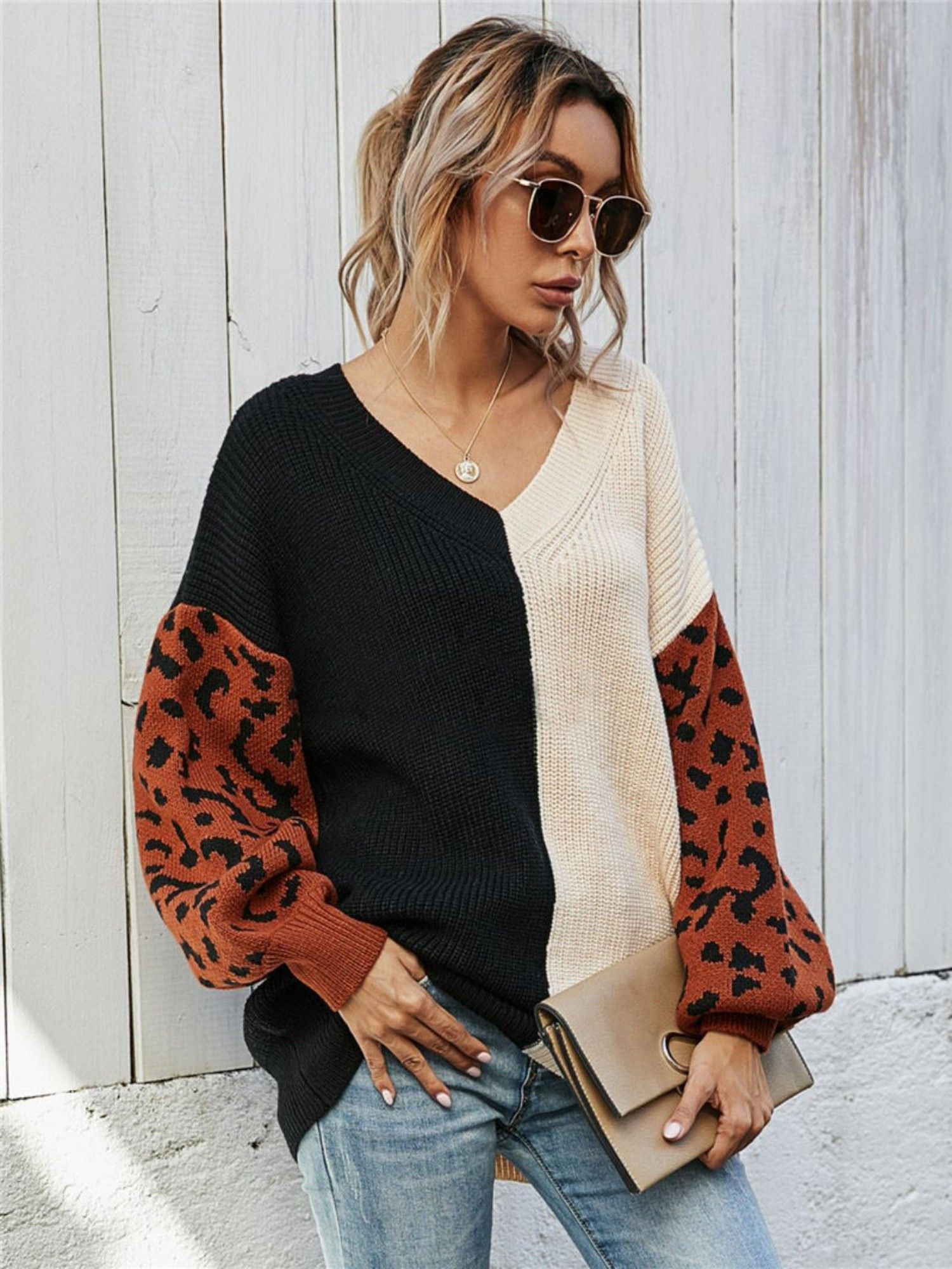 oh rare Beige V-Neck Patchwork Colorblock Pullover Women's Sweater-picture-28