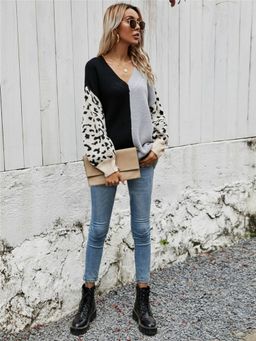 Oh Rare - Black V-Neck Patchwork Colorblock Pullover Women's Sweater