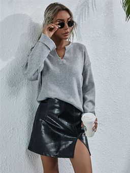Oh Rare - Grey Solid Color V-Neck Pullover Sweater