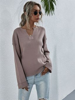 Oh Rare - Pink Solid Color V-Neck Pullover Sweater