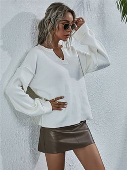 Oh Rare - White Solid Color V-Neck Pullover Sweater