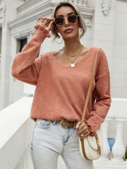 Oh Rare - Rust Versatile Cuff Buttons Solid Sweater for Women