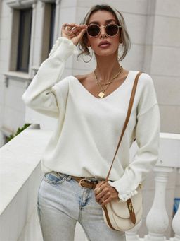 Oh Rare - White Versatile Cuff Buttons Solid Sweater for Women