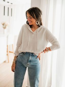 Oh Rare - Beige Urban Hooded Single-Breasted Sweater for Women