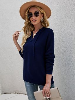 Oh Rare - Navy Blue Urban Hooded Single-Breasted Sweater for Women
