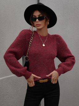 Oh Rare - Maroon Spliced Round Neck Long-Sleeved Pleated Sweater for Women