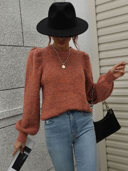 Oh Rare - Rust Spliced Round Neck Long-Sleeved Pleated Sweater for Women